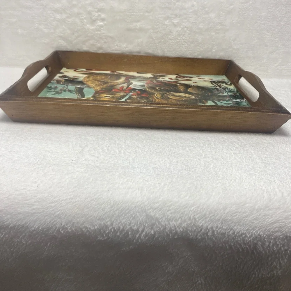VTG Rabbits In The Snow Wooden Serving Tray Decorative‎ Farmhouse Christmas